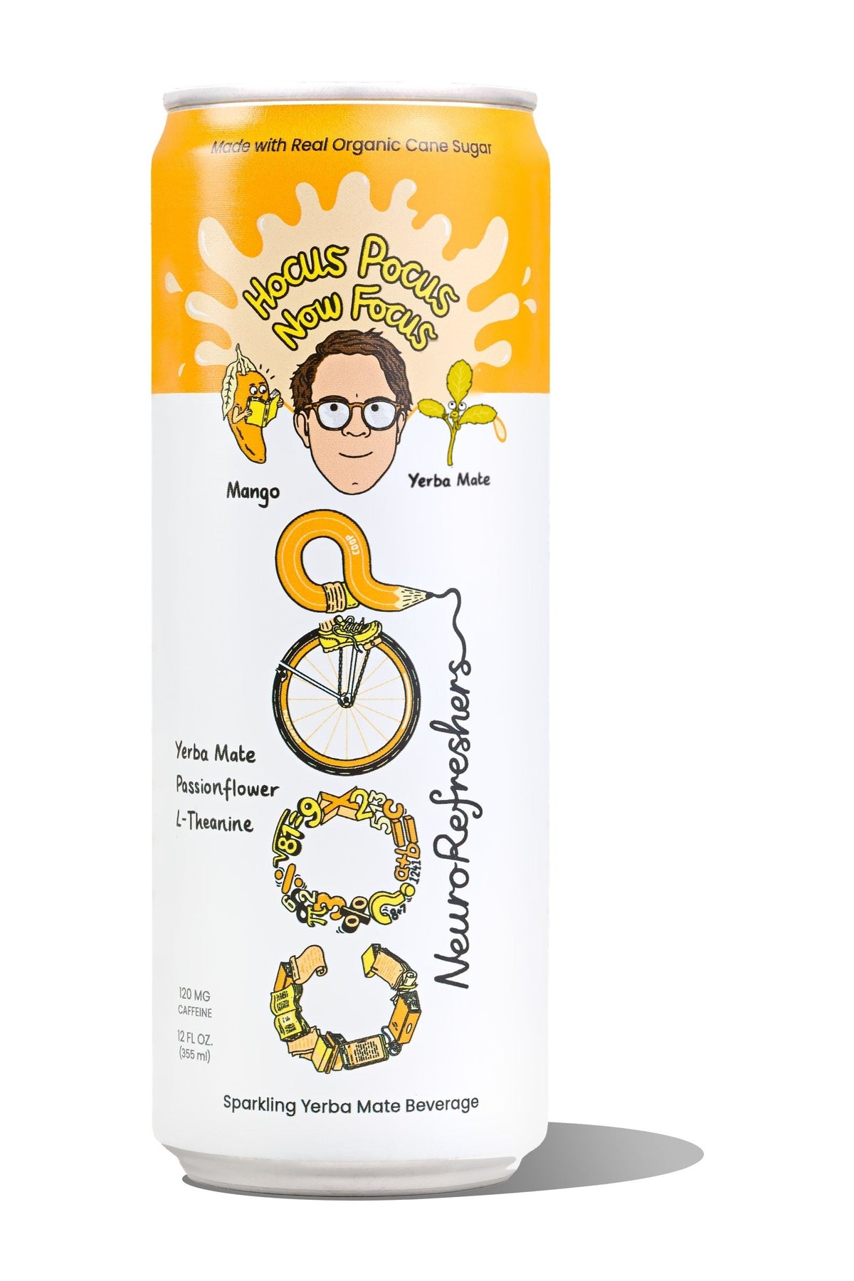 Hocus Pocus Now Focus mango sparkling yerba mate can, front
