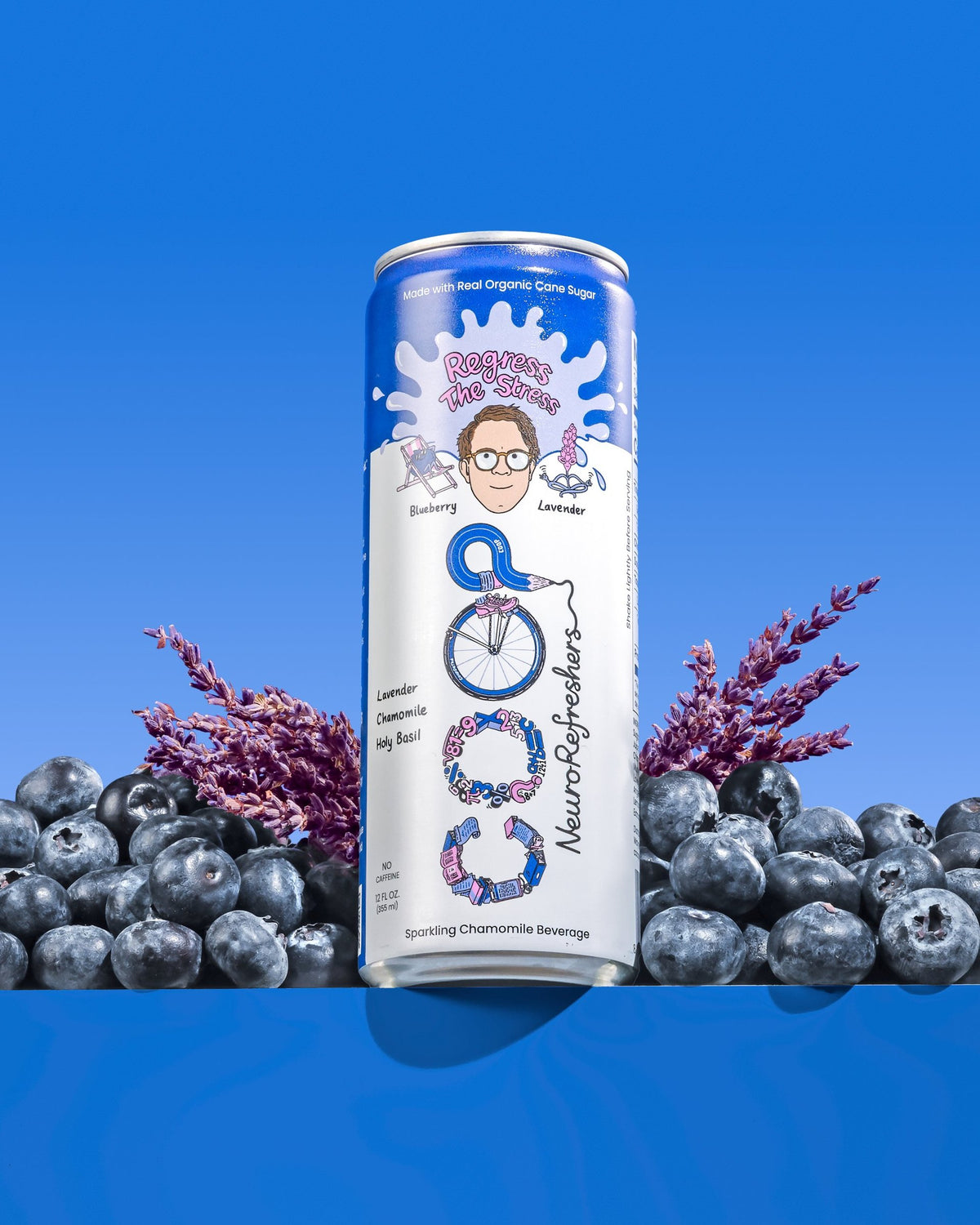 Regress The Stress can with blueberries and lavender